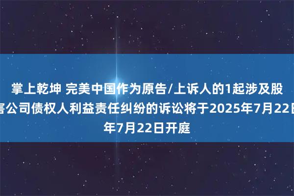 掌上乾坤 完美中国作为原告/上诉人的1起涉及股东损害公司债权人利益责任纠纷的诉讼将于2025年7月22日开庭